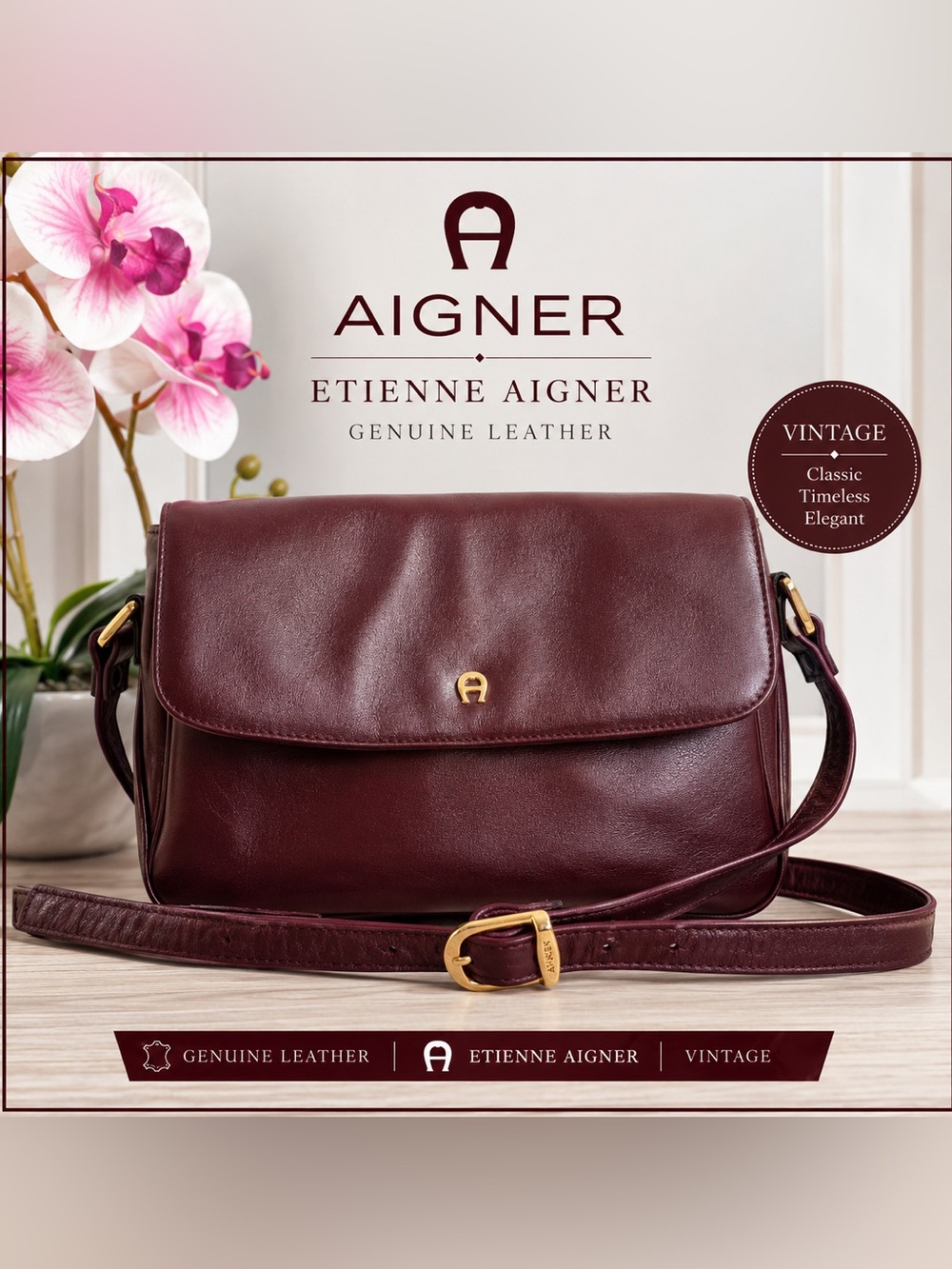 Etienne Aigner Vintage Burgundy Genuine Leather Crossbody Shoulder Bag